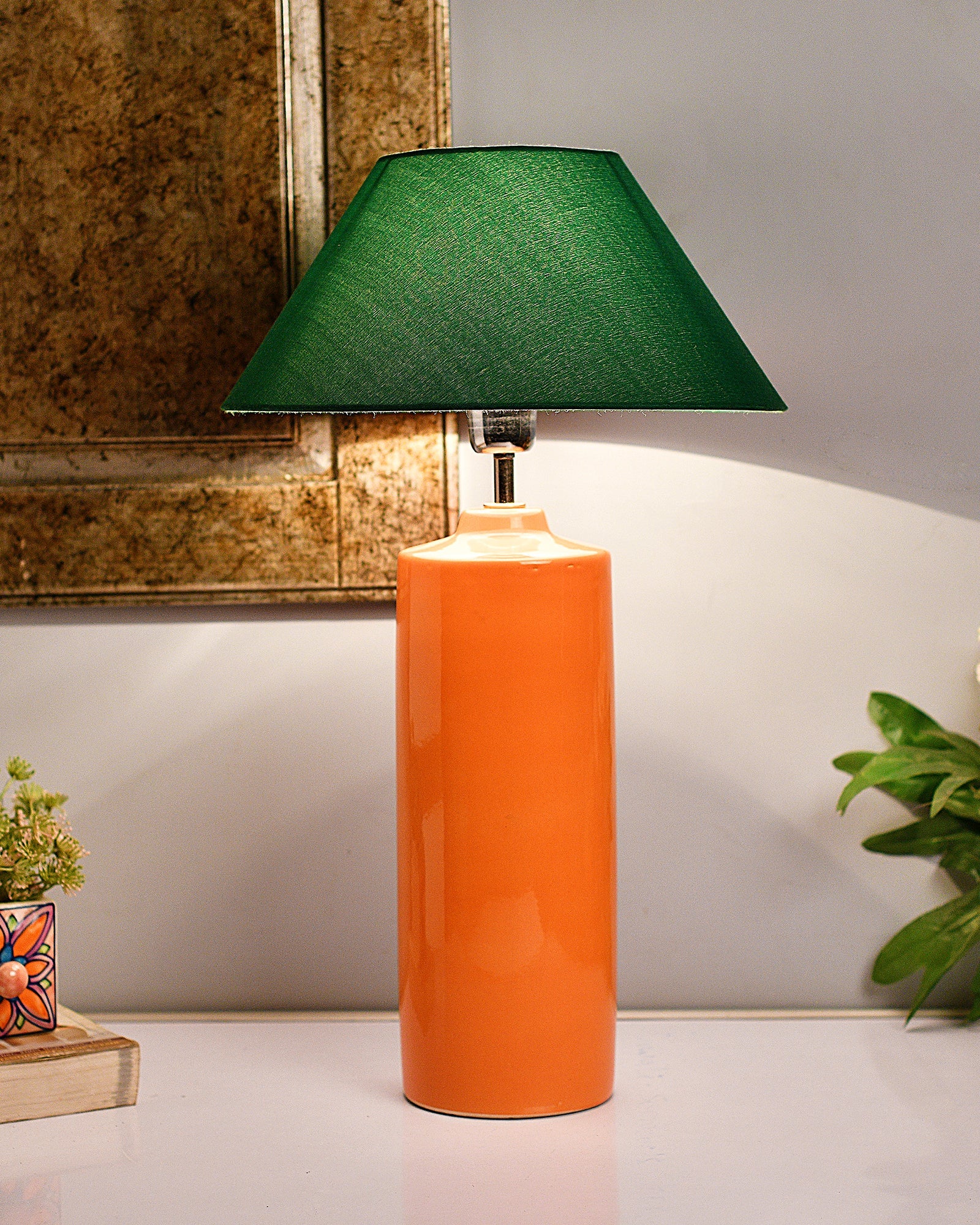 Ceramic Base Orange Table Lamp with Cone Shade, LED Bulb