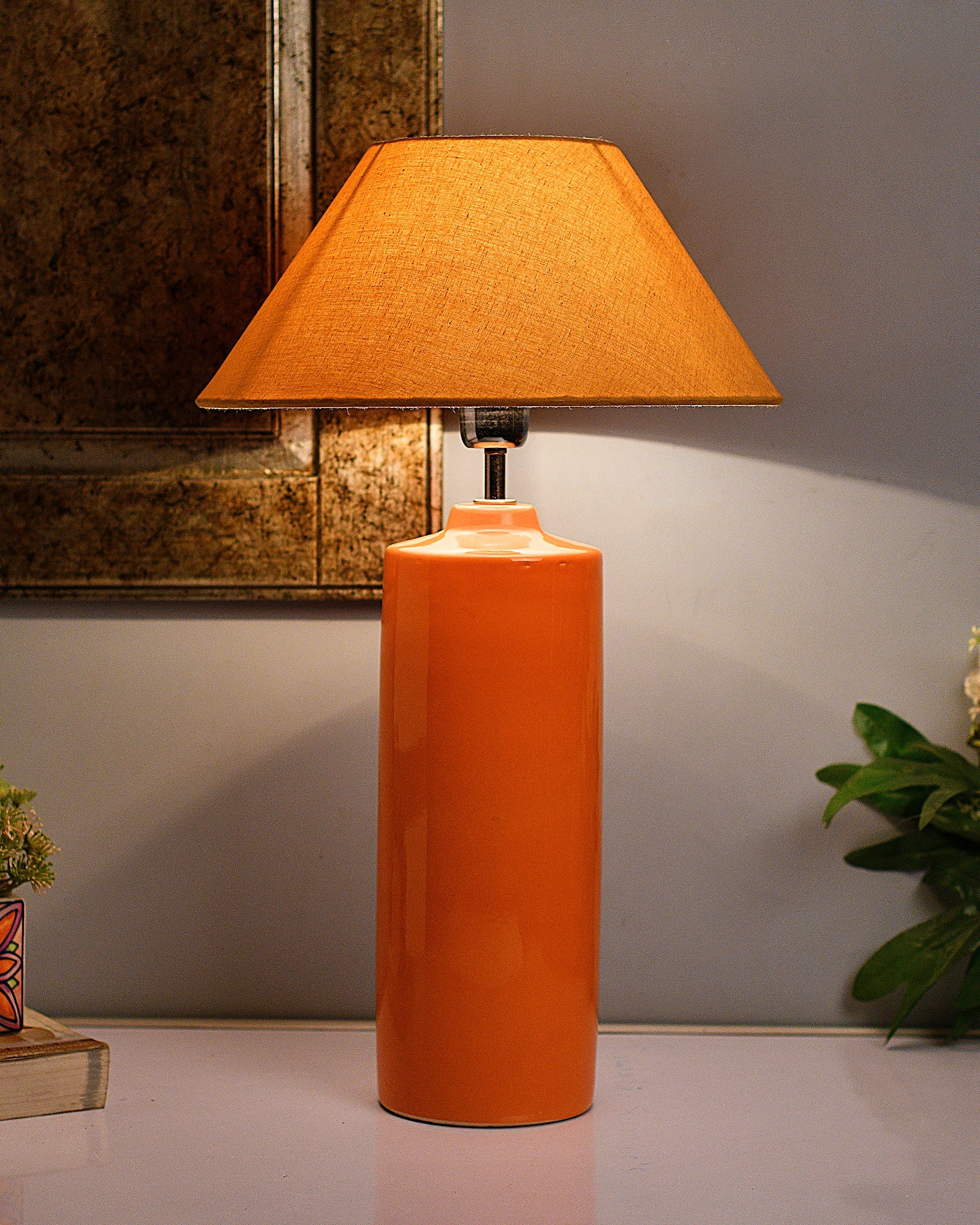 Ceramic Base Orange Table Lamp with Cone Shade, LED Bulb