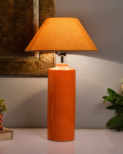 Ceramic Base Orange Table Lamp with Cone Shade, LED Bulb