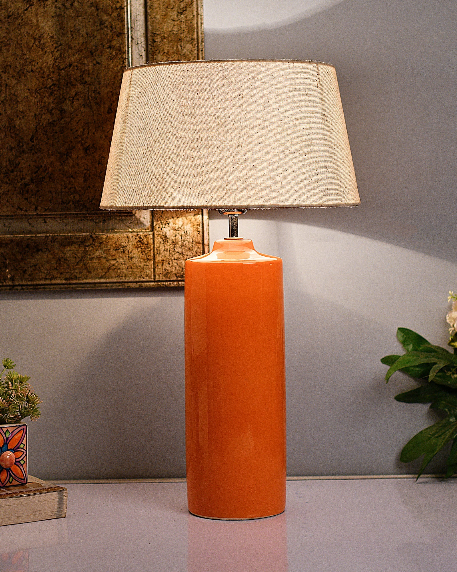 Ceramic Base Orange Table Lamp with Drum Shade, LED Bulb