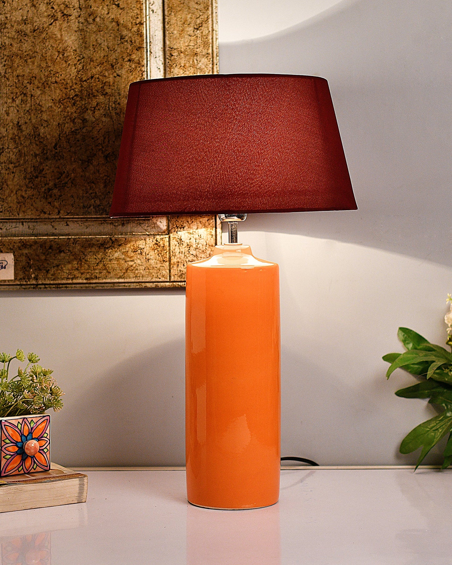 Ceramic Base Orange Table Lamp with Drum Shade, LED Bulb