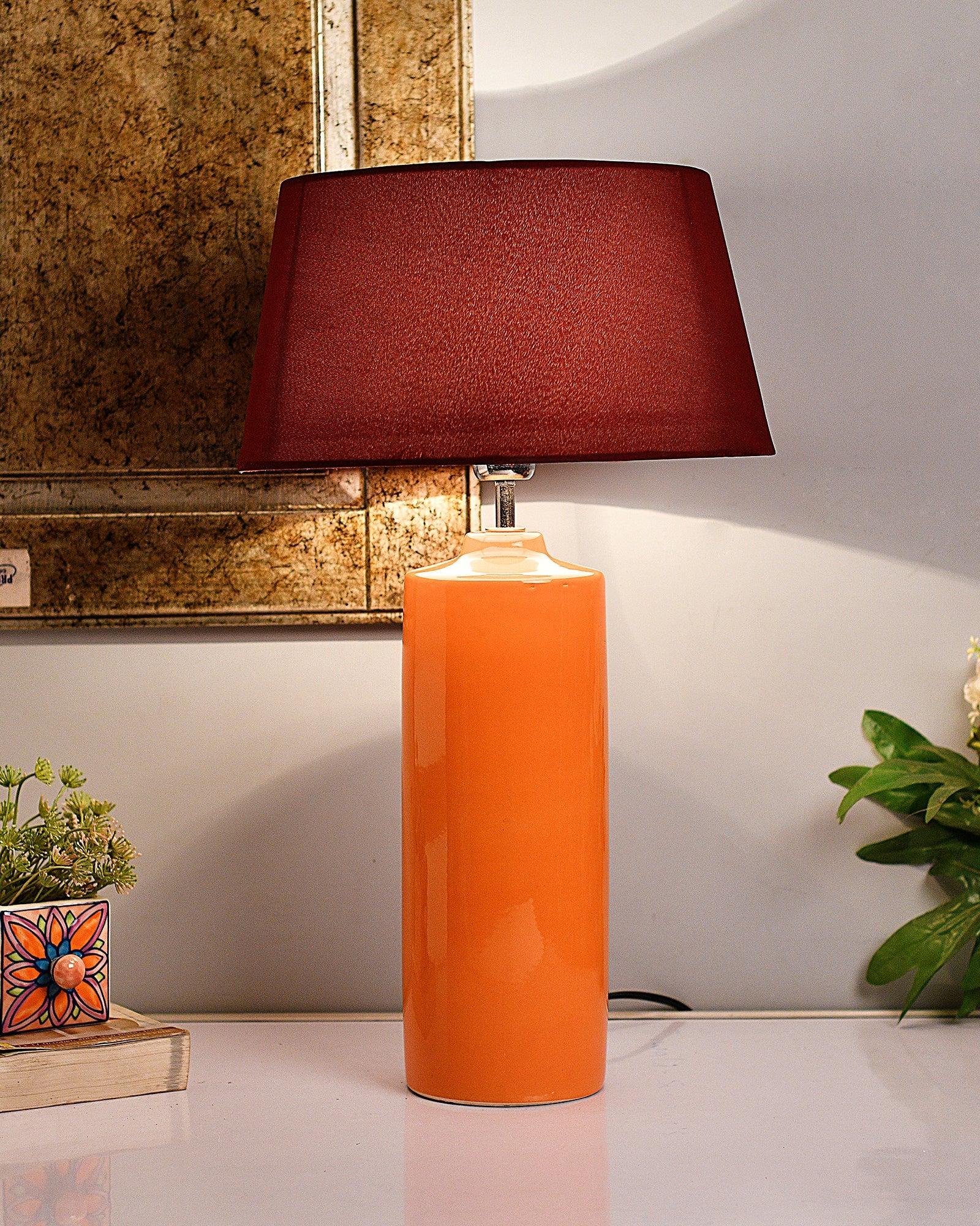 Ceramic Base Orange Table Lamp with Drum Shade, LED Bulb