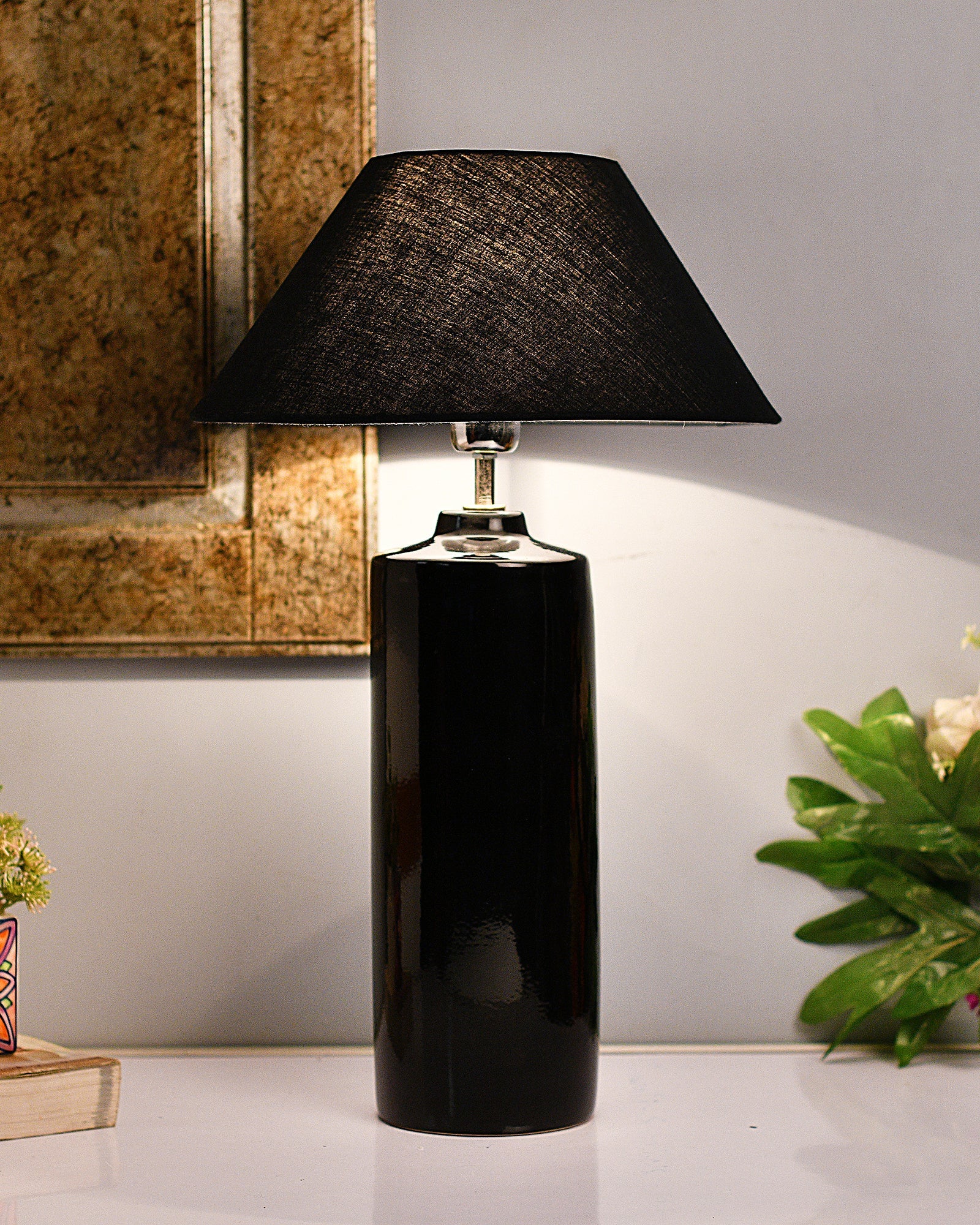 Ceramic Base Black Table Lamp with Cone Shade, LED Bulb