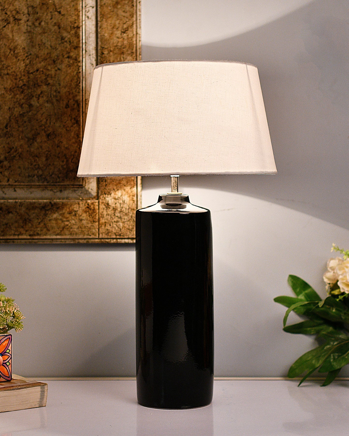 Ceramic Base Black Table Lamp with Drum Shade, LED Bulb