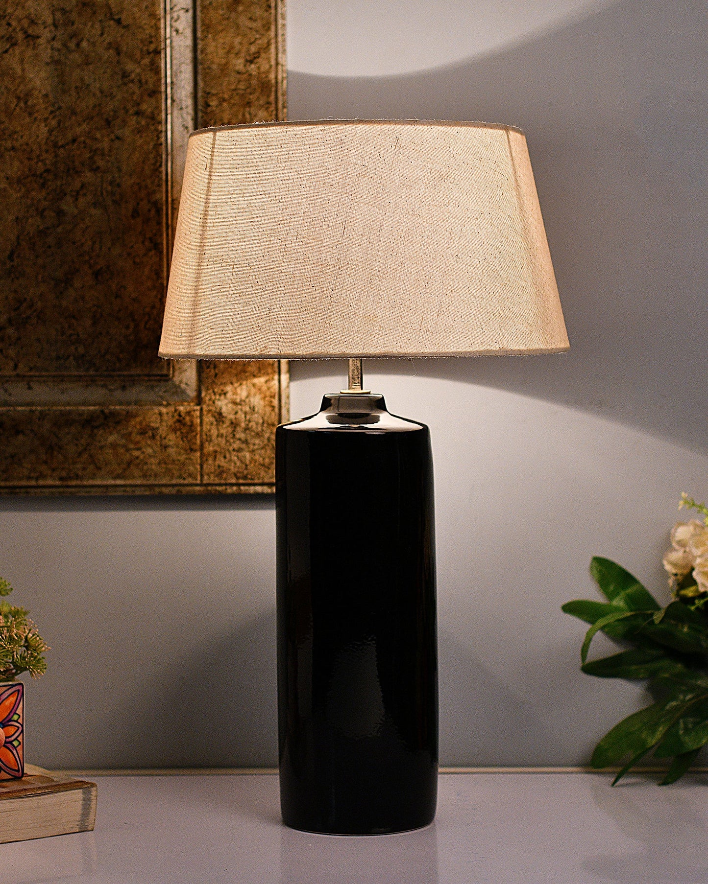 Ceramic Base Black Table Lamp with Drum Shade, LED Bulb