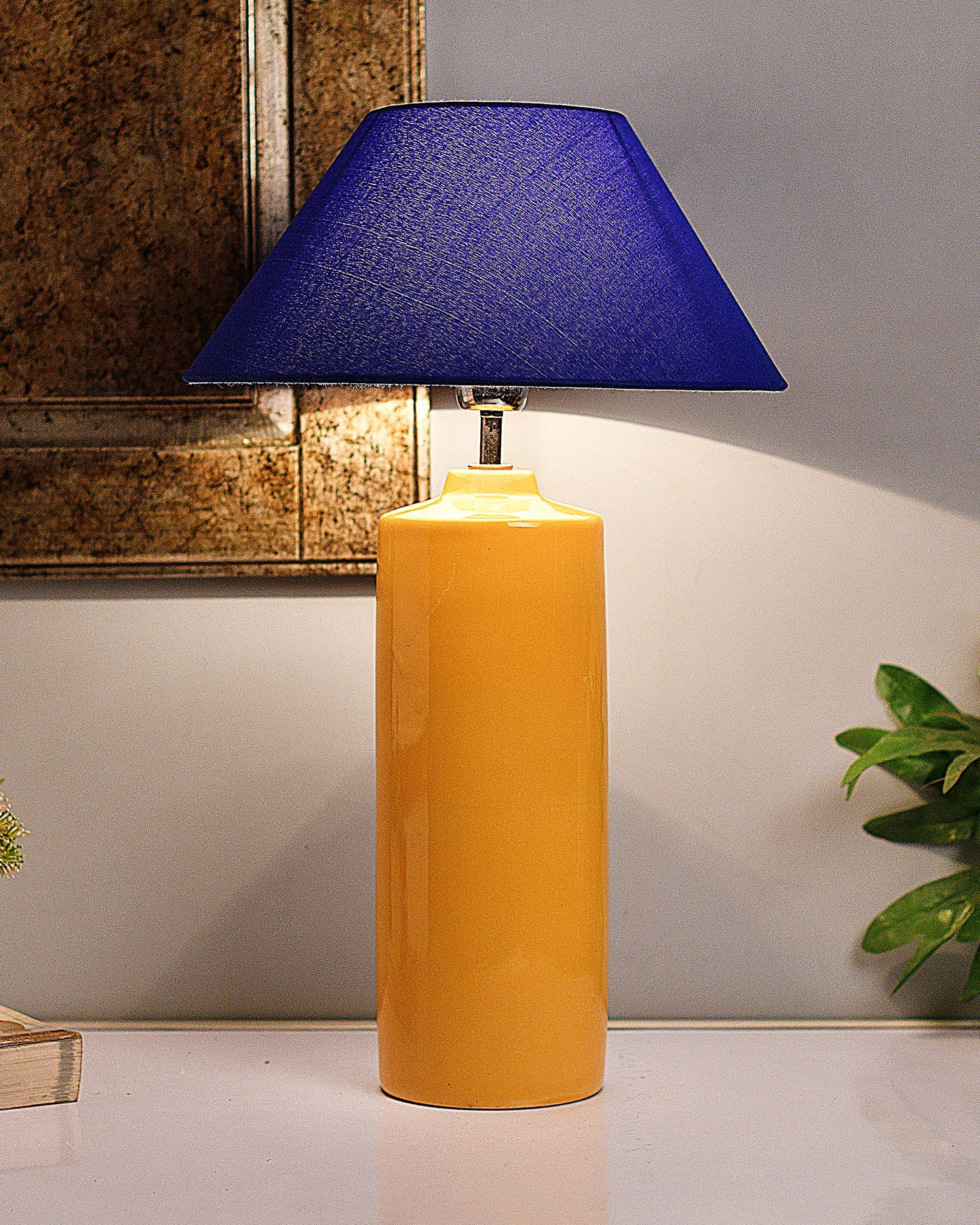 Ceramic Base Yellow Table Lamp with Cone Shade, LED Bulb