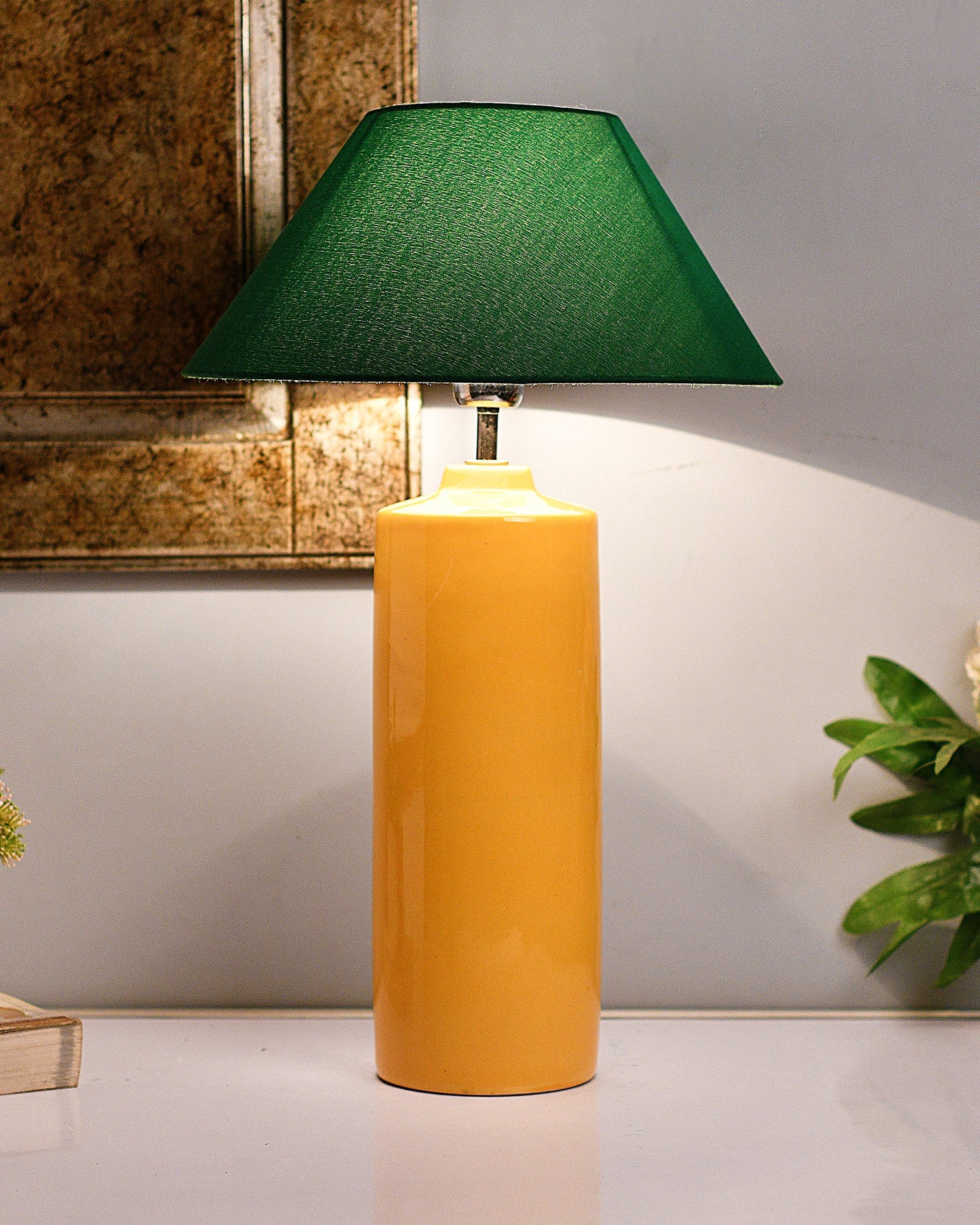 Ceramic Base Yellow Table Lamp with Cone Shade, LED Bulb