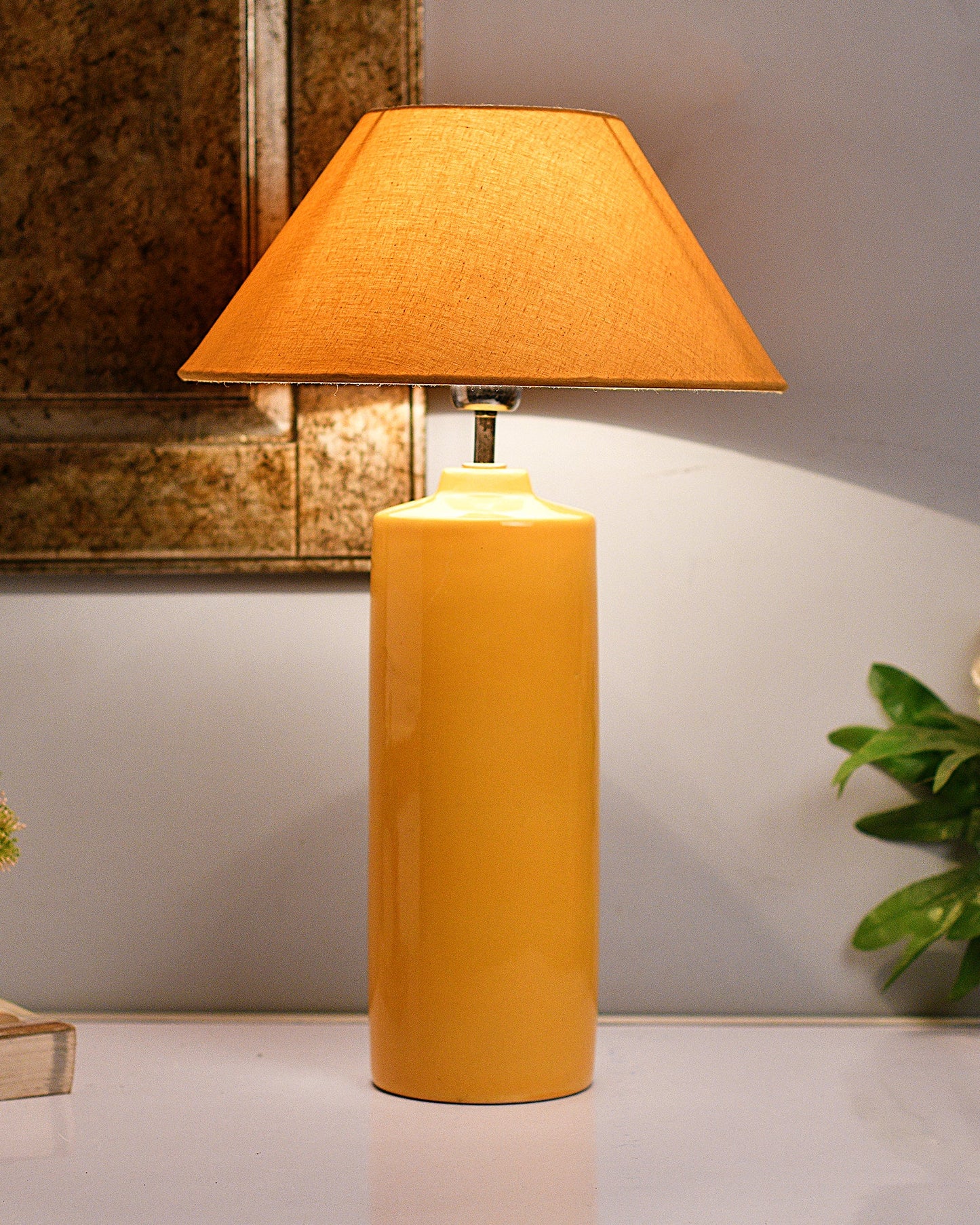 Ceramic Base Yellow Table Lamp with Cone Shade, LED Bulb
