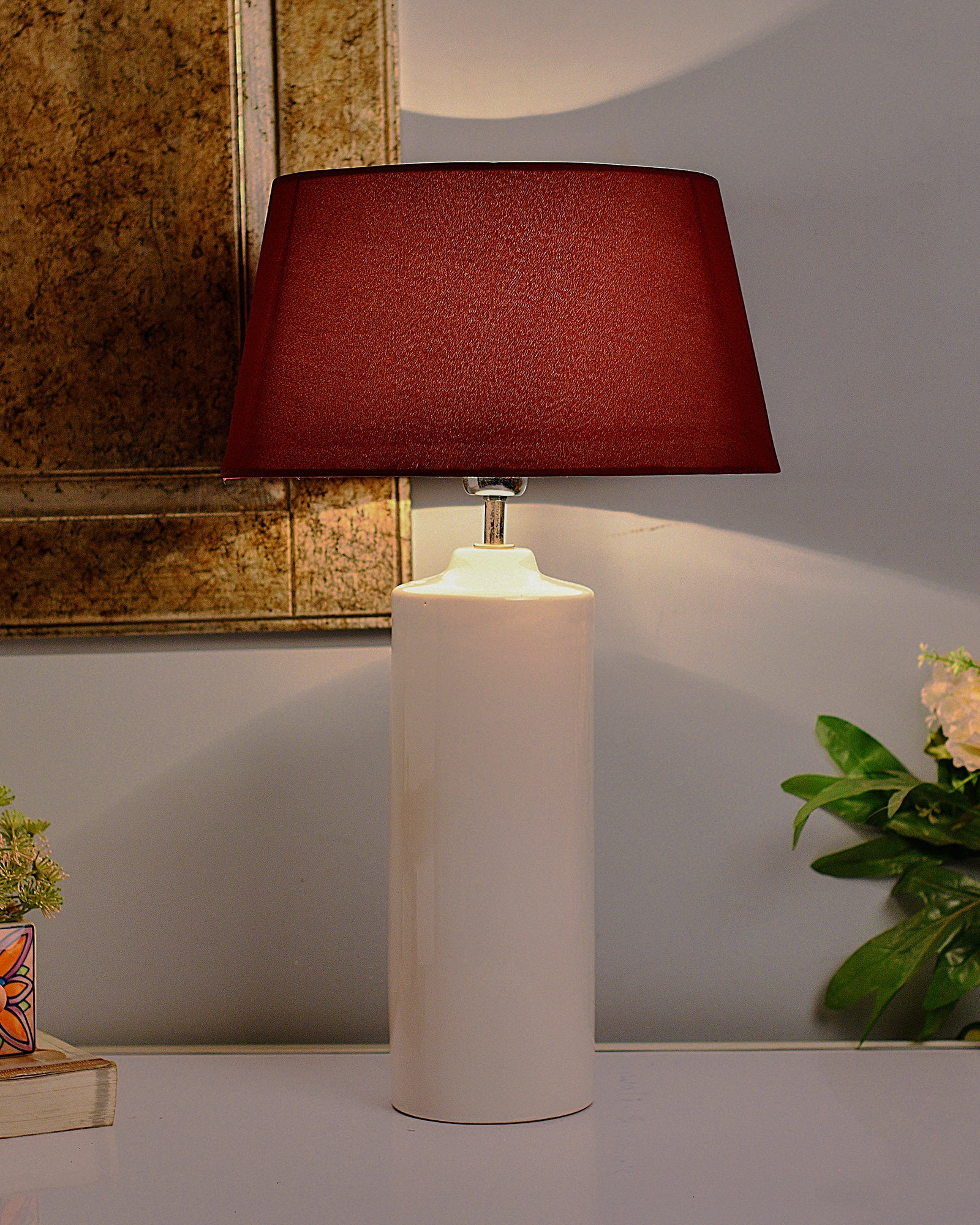 Ceramic Base White Table Lamp with Drum Shade, LED Bulb