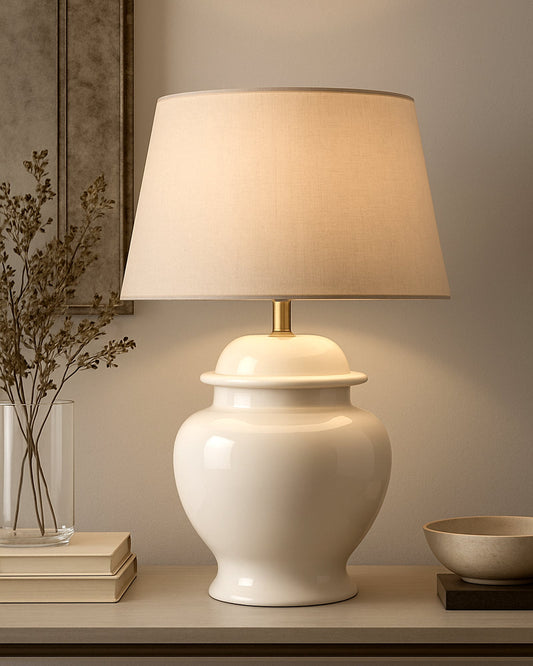 Ceramic Pot Shaped Base White Table Lamp with Drum Shade, LED Bulb