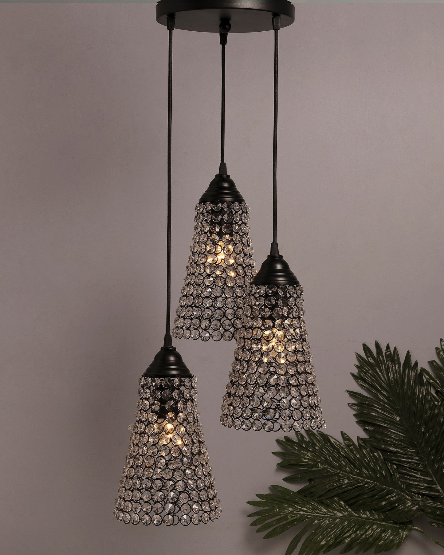 3-lights Round Cluster Chandelier  Crystal Cone Hanging Pendant Light with Braided Cord