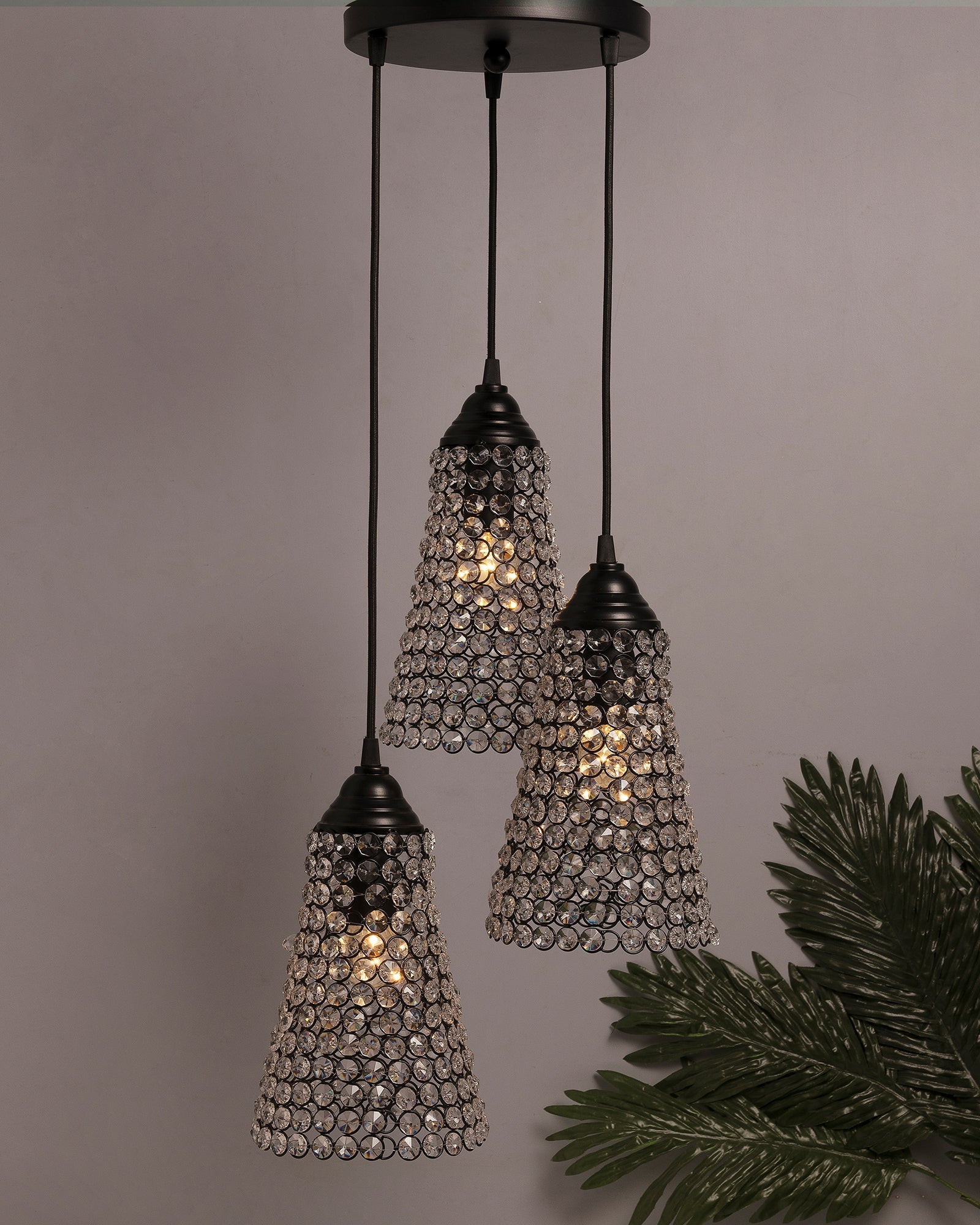 3-lights Round Cluster Chandelier  Crystal Cone Hanging Pendant Light with Braided Cord