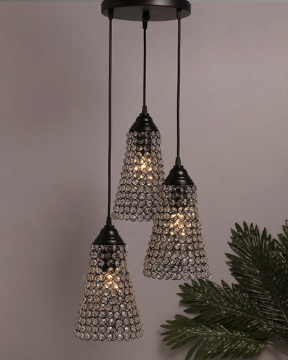 3-lights Round Cluster Chandelier  Crystal Cone Hanging Pendant Light with Braided Cord