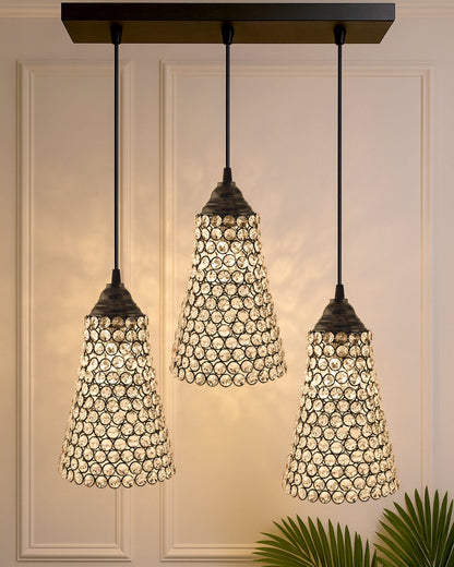 3-lights Linear Cluster Chandelier Crystal Cone Hanging Pendant Light with Braided Cord