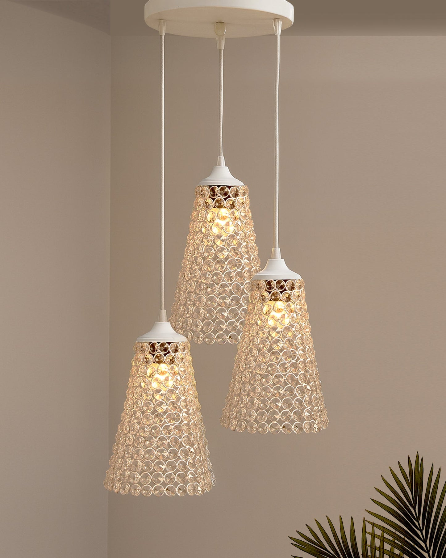 3-lights Round Cluster Chandelier  Crystal Cone Hanging Pendant Light with Braided Cord