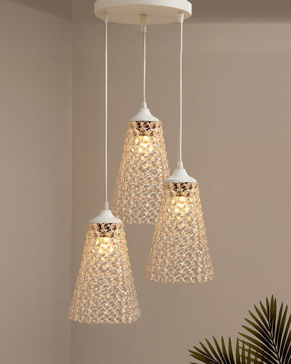 3-lights Round Cluster Chandelier  Crystal Cone Hanging Pendant Light with Braided Cord