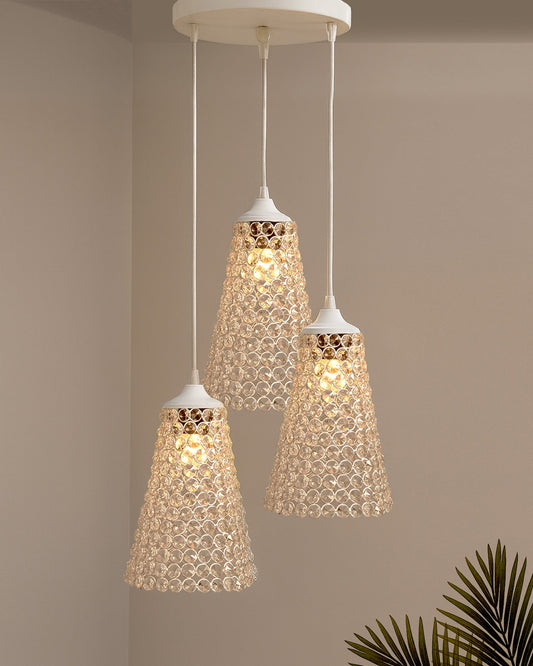 3-lights Round Cluster Chandelier  Crystal Cone Hanging Pendant Light with Braided Cord