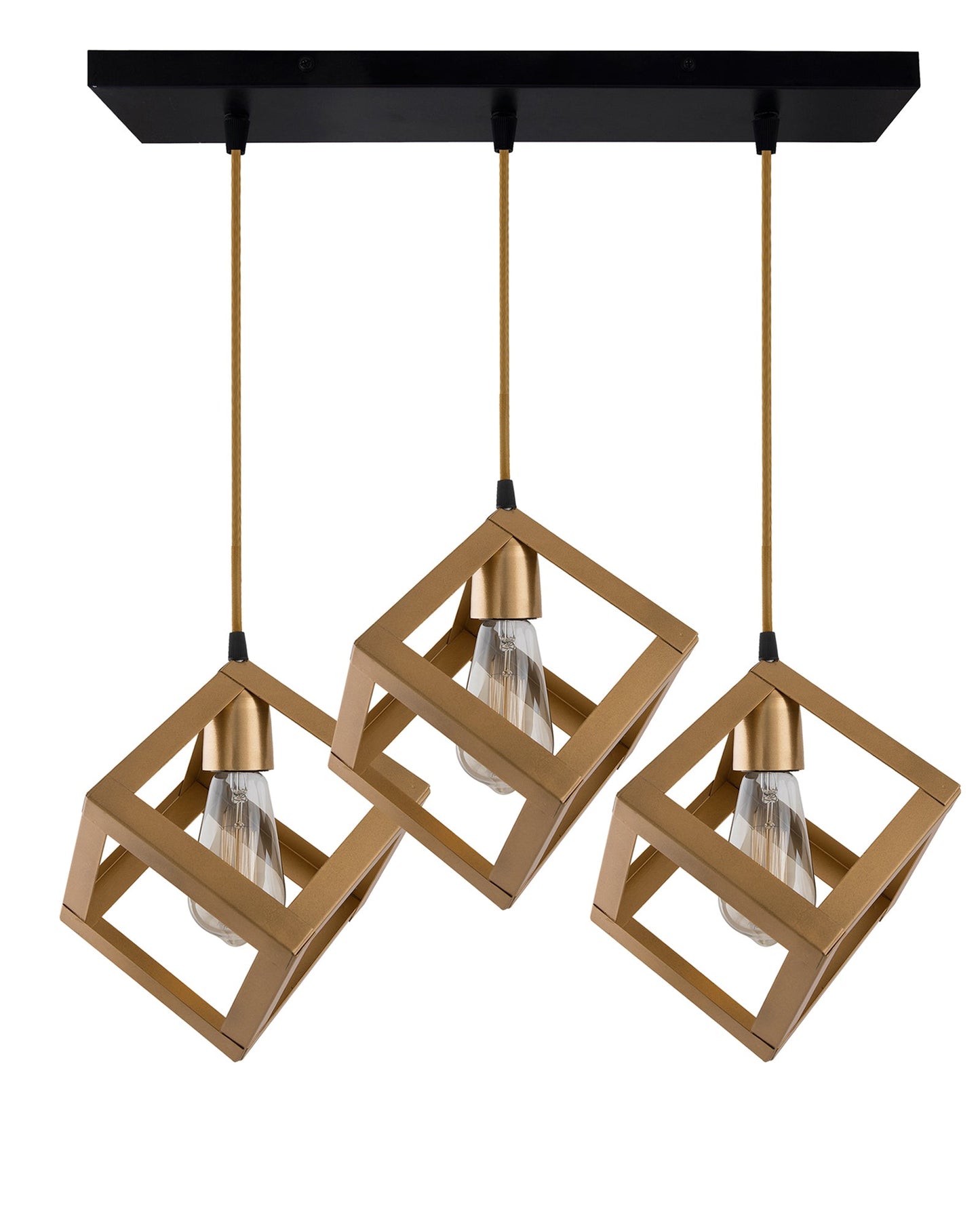 3-lights Linear Cluster Chandelier Golden Hanging Cube 6" Pendant Light, kitchen area and dining room light