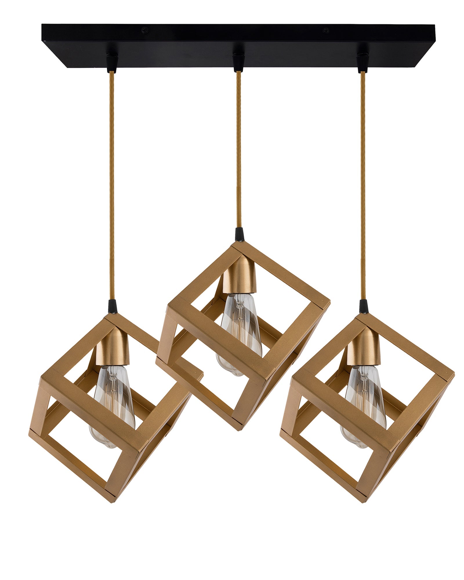3-lights Linear Cluster Chandelier Golden Hanging Cube 6" Pendant Light, kitchen area and dining room light