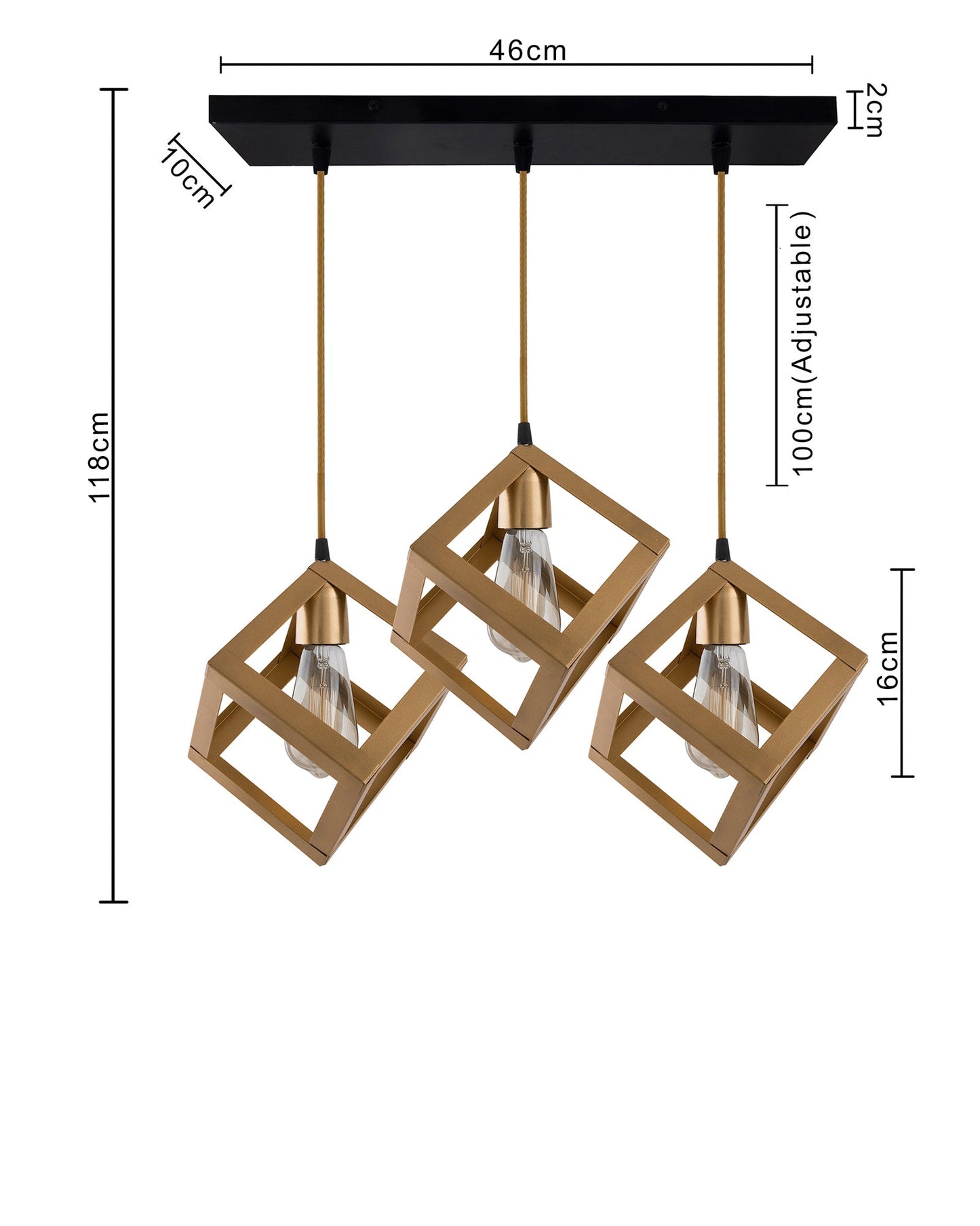 3-lights Linear Cluster Chandelier Golden Hanging Cube 6" Pendant Light, kitchen area and dining room light