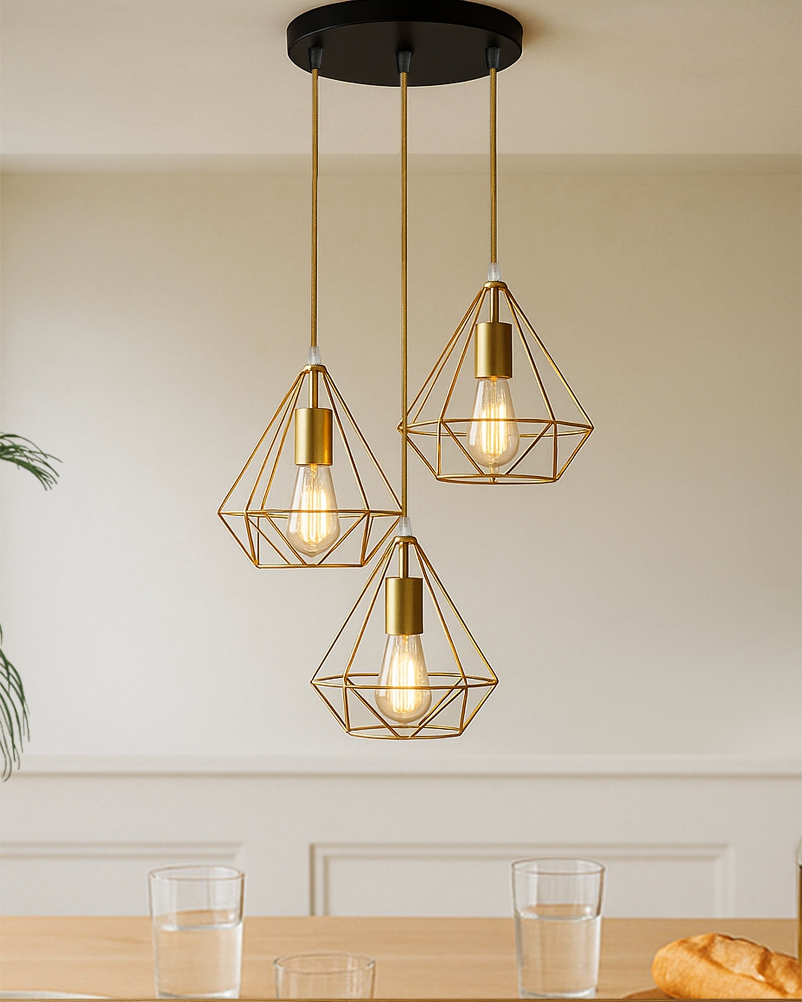 3-lights Round Chandelier Golden Diamond Hanging Pendant Light with Braided Cord