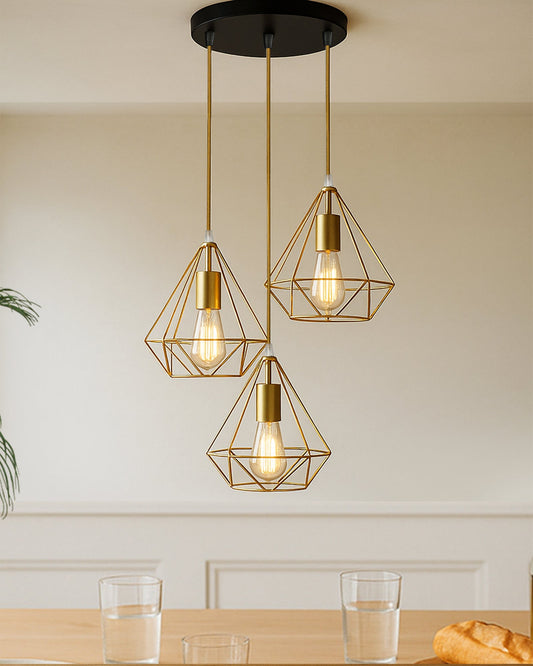 3-lights Round Chandelier Golden Diamond Hanging Pendant Light with Braided Cord