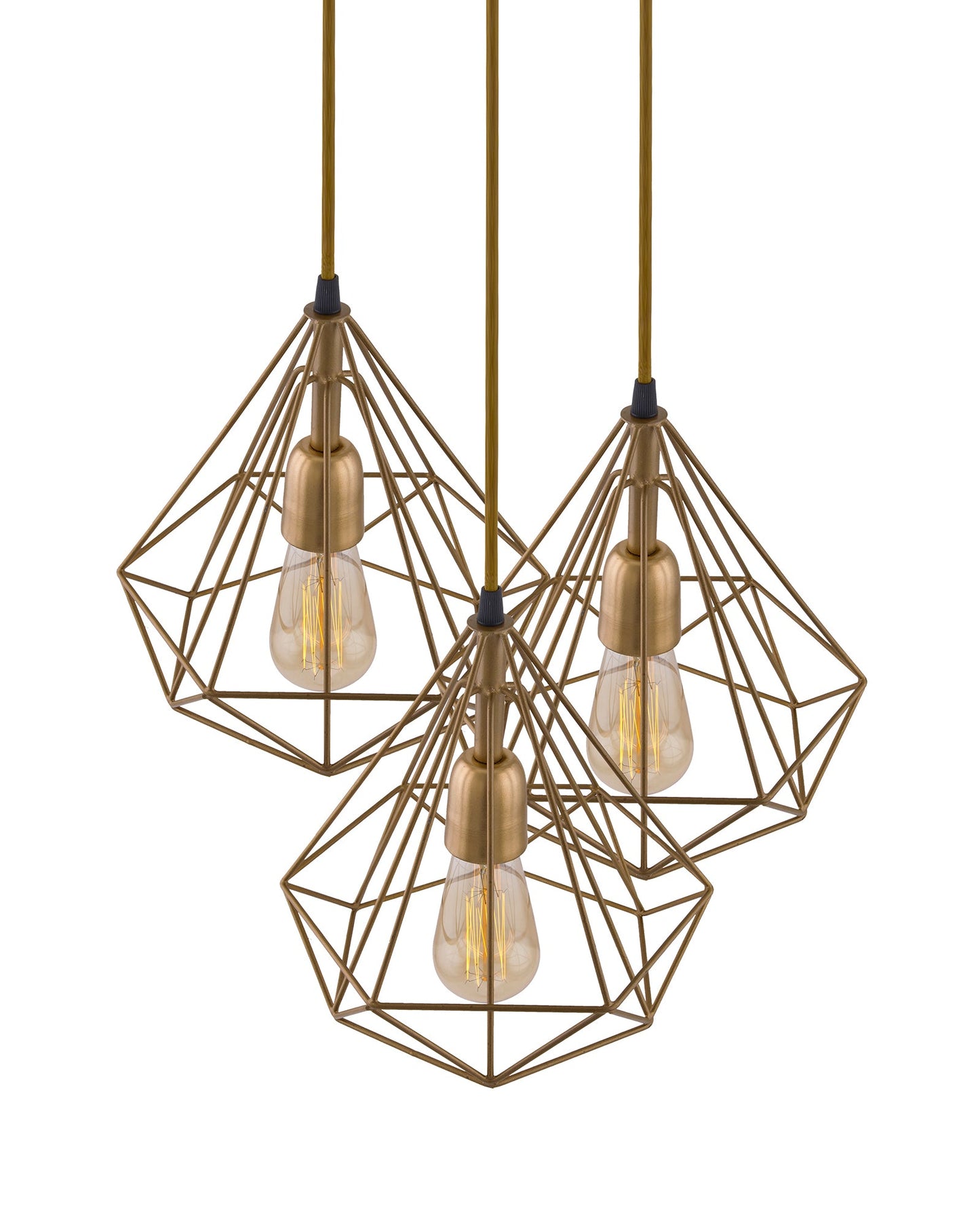 3-lights Round Chandelier Golden Diamond Hanging Pendant Light with Braided Cord