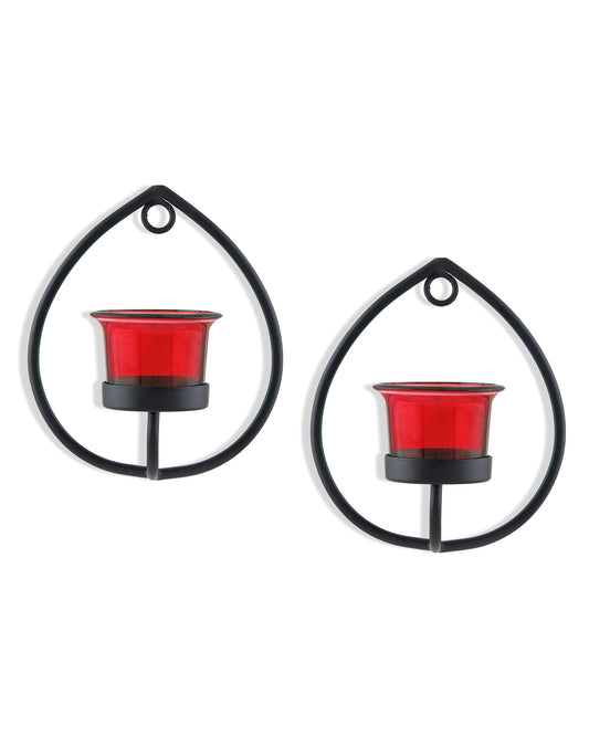 Set of 2 Decorative Black Drop Wall Sconce/Candle Holder With Glass and Free T-light Candles