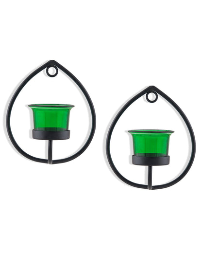 Set of 2 Decorative Black Drop Wall Sconce/Candle Holder With Glass and Free T-light Candles