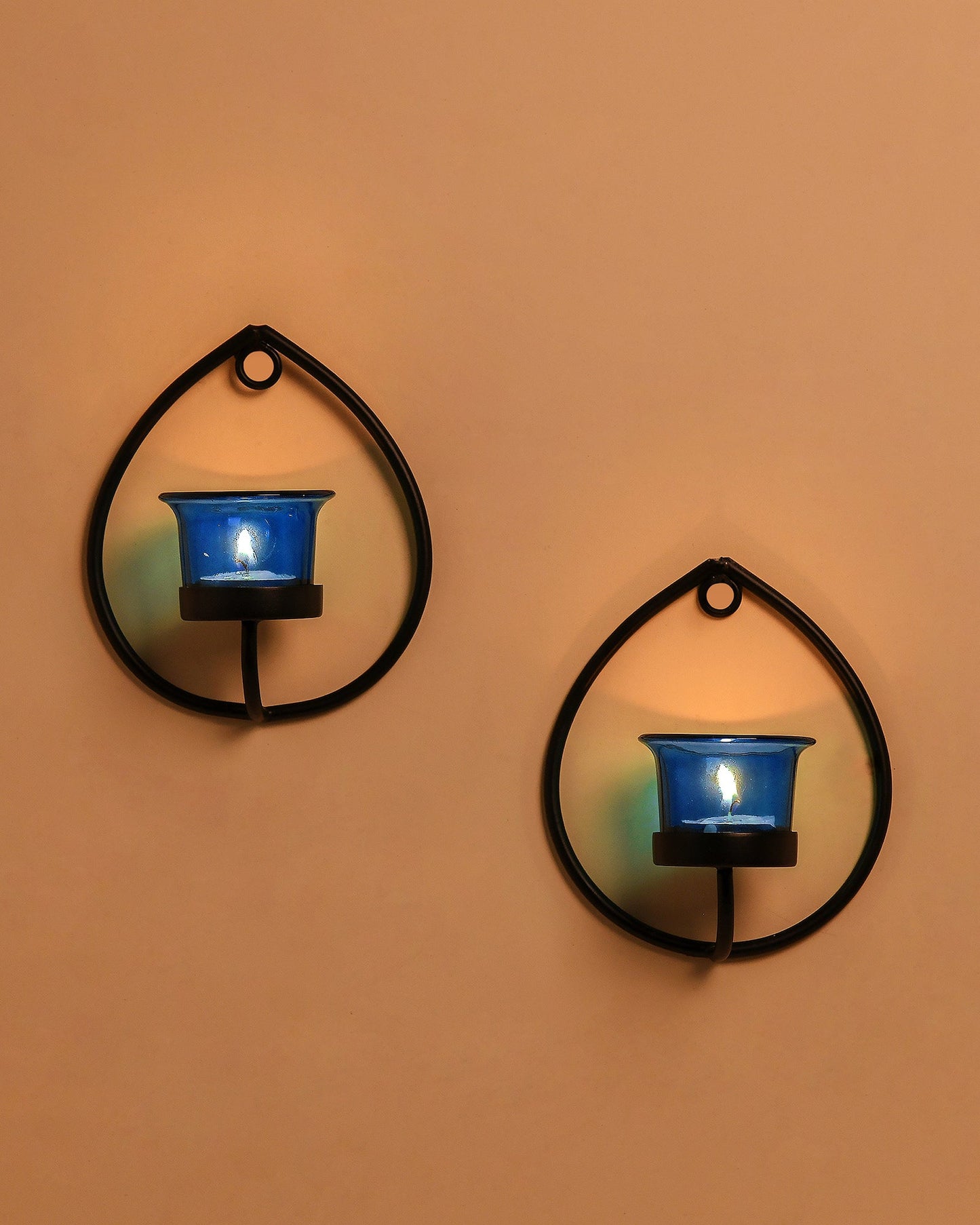 Set of 2 Decorative Black Drop Wall Sconce/Candle Holder With Glass and Free T-light Candles