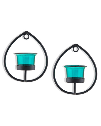 Set of 2 Decorative Black Drop Wall Sconce/Candle Holder With Glass and Free T-light Candles