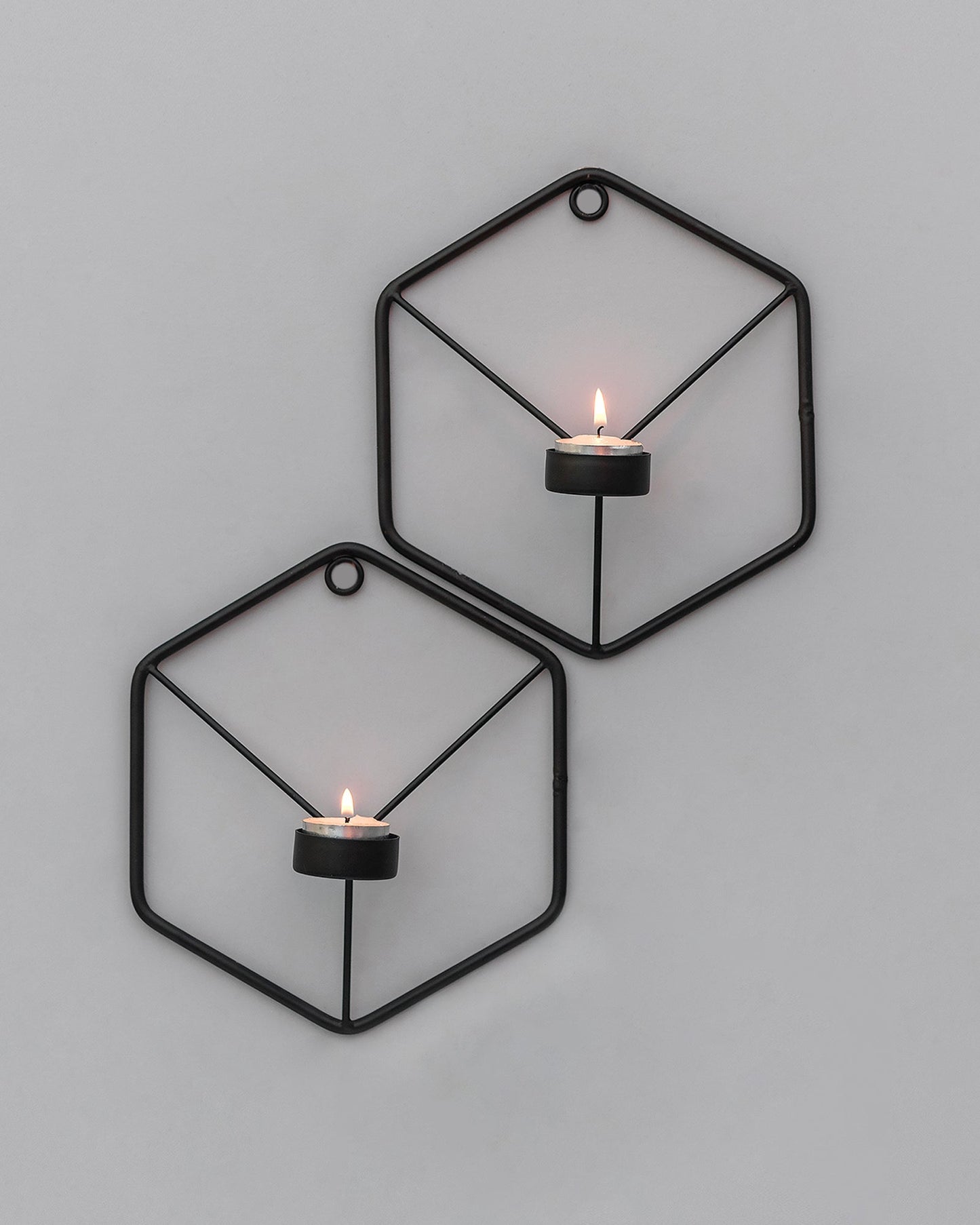 Black Metal Wall Mounted Hexagon Tealight Candle Holder, T-light Candles