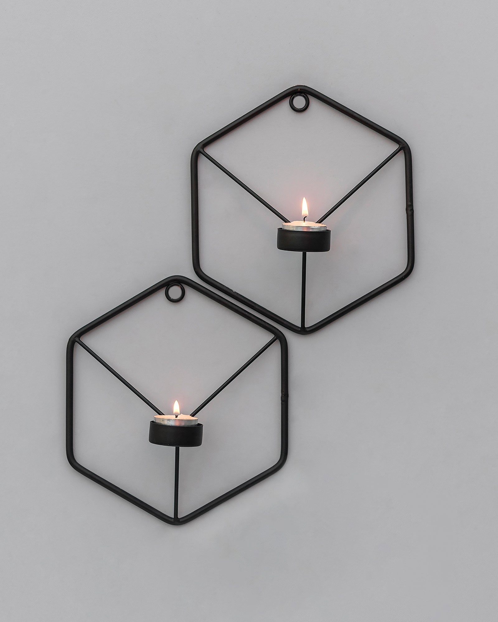 Black Metal Wall Mounted Hexagon Tealight Candle Holder, T-light Candles