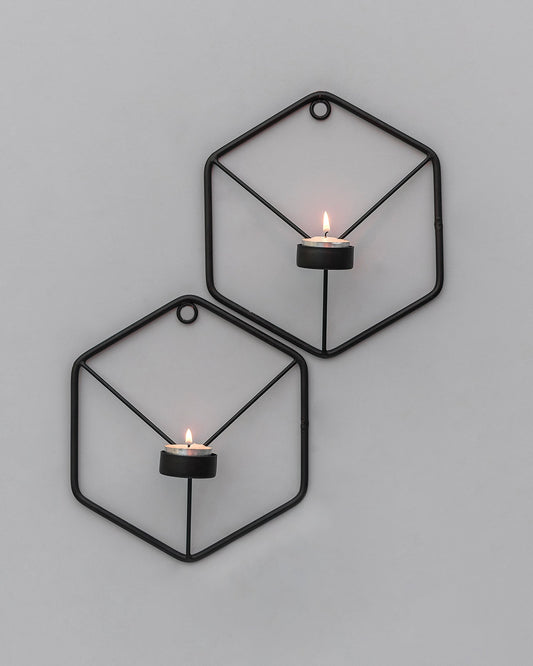 Black Metal Wall Mounted Hexagon Tealight Candle Holder, T-light Candles