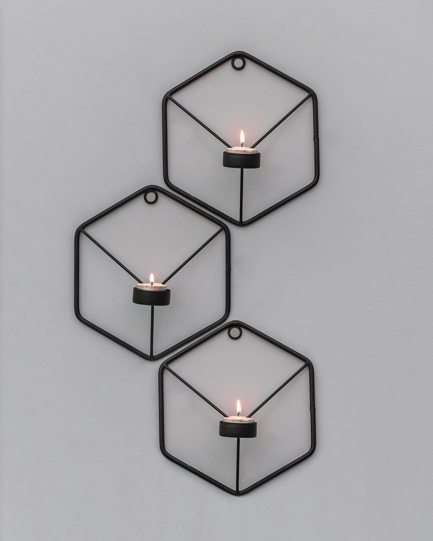 Black Metal Wall Mounted Hexagon Tealight Candle Holder, T-light Candles