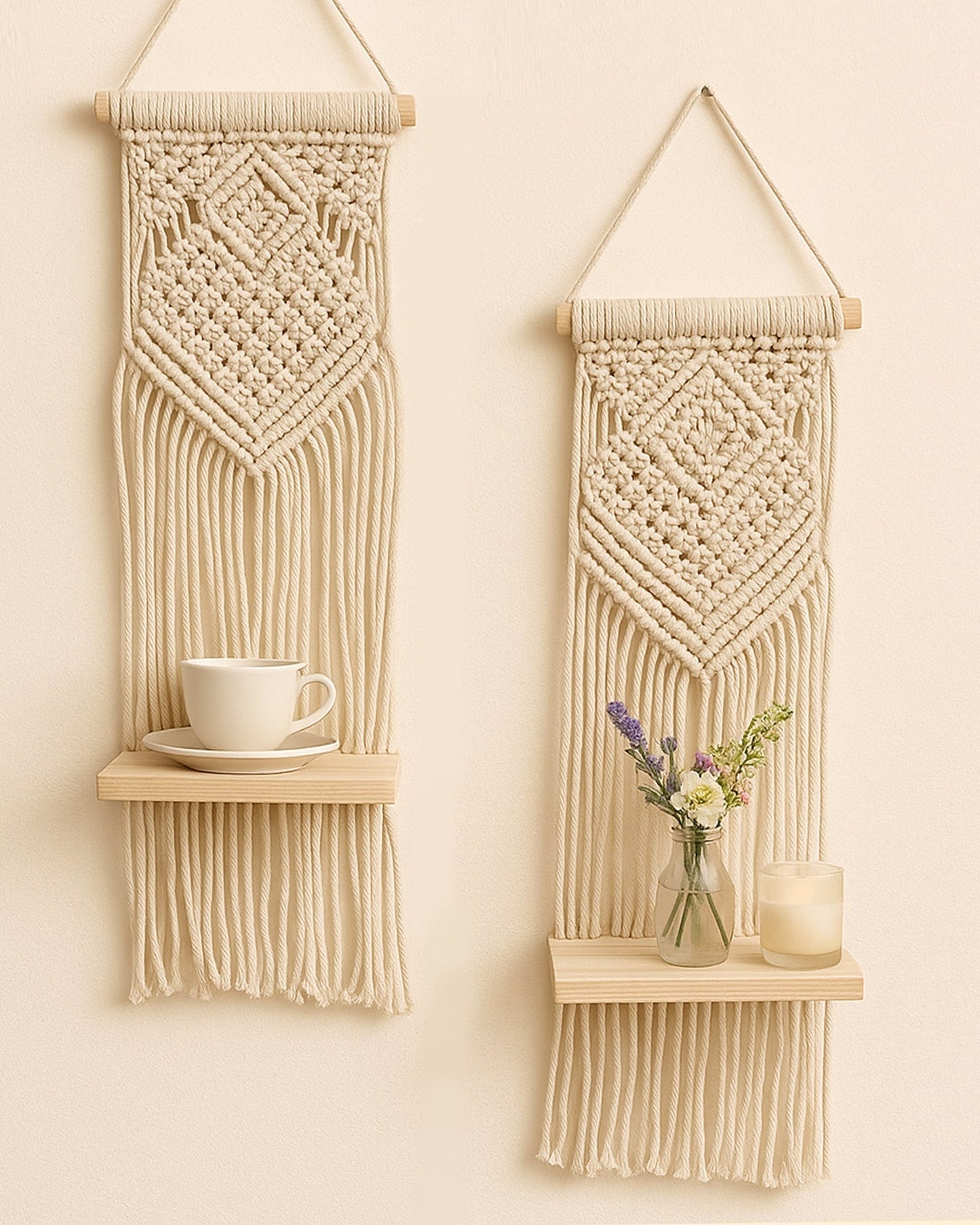 Macrame Wall Hanging Shelf Woven Home Decor Wood Floating Storage Shelf Bohemian Handmade Cotton Rope,Living Room, Balcony, Garden, Set of 2 (69 x 20 Natural)
