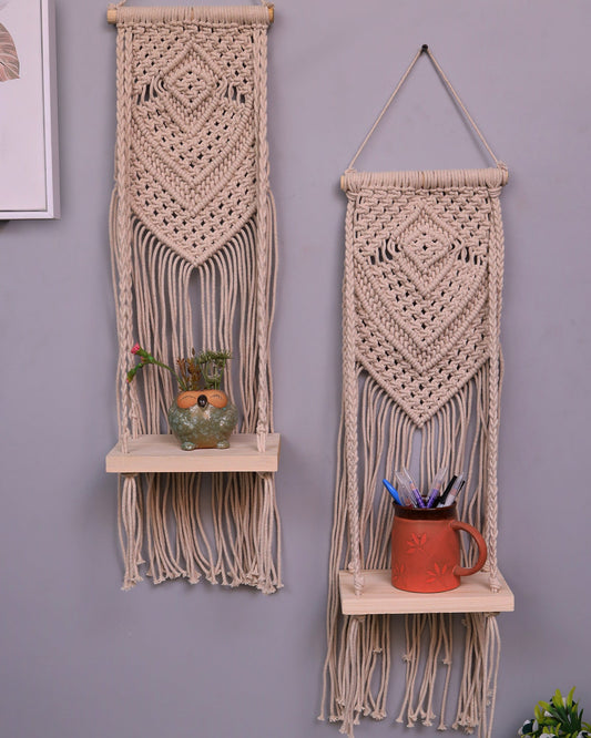 Macrame Wall Hanging Shelf Woven Home Decor Wood Floating Storage Shelf Bohemian Handmade Cotton Rope,Living Room, Balcony, Garden, Set of 2 (69 x 20 Natural)