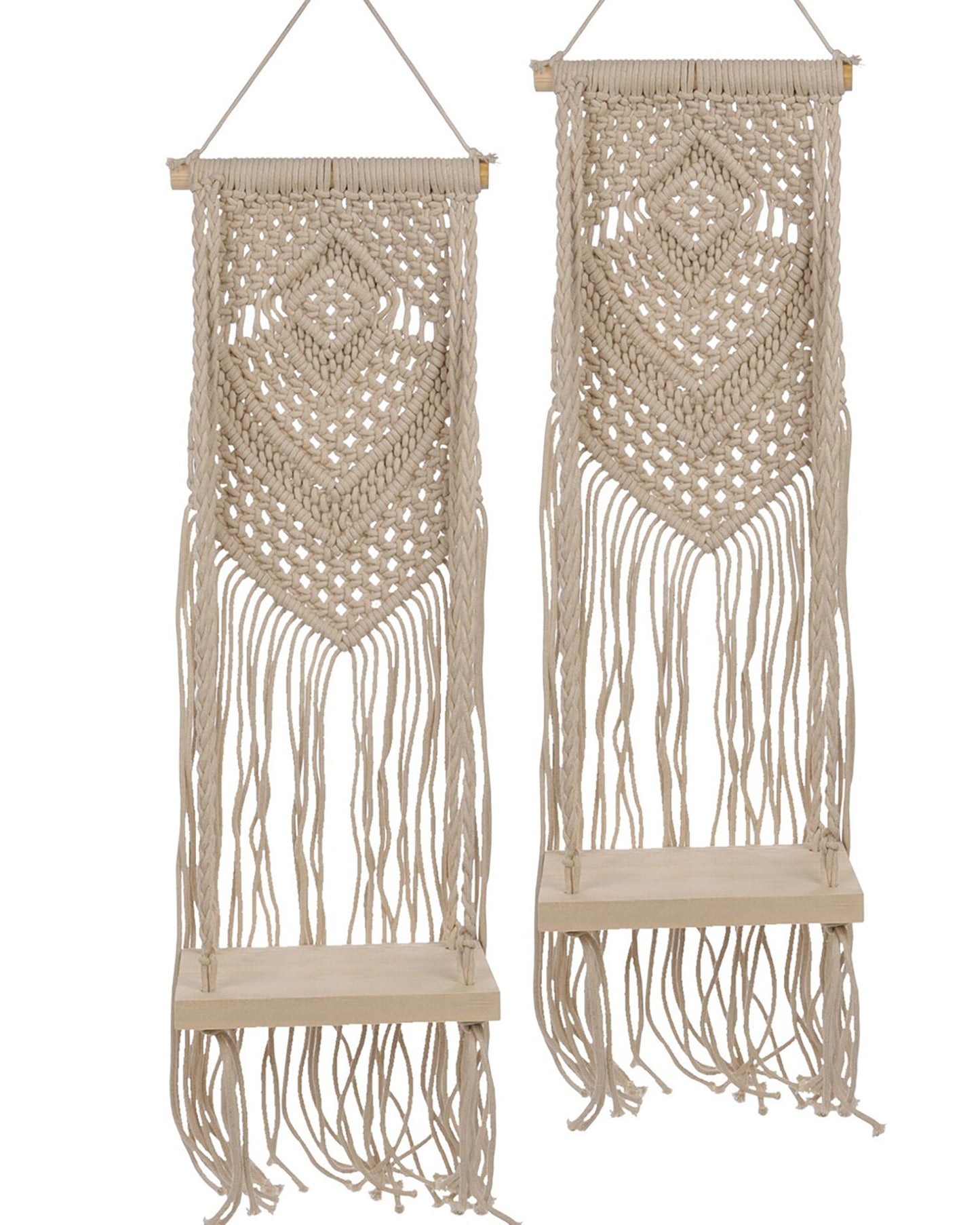 Macrame Wall Hanging Shelf Woven Home Decor Wood Floating Storage Shelf Bohemian Handmade Cotton Rope,Living Room, Balcony, Garden, Set of 2 (69 x 20 Natural)
