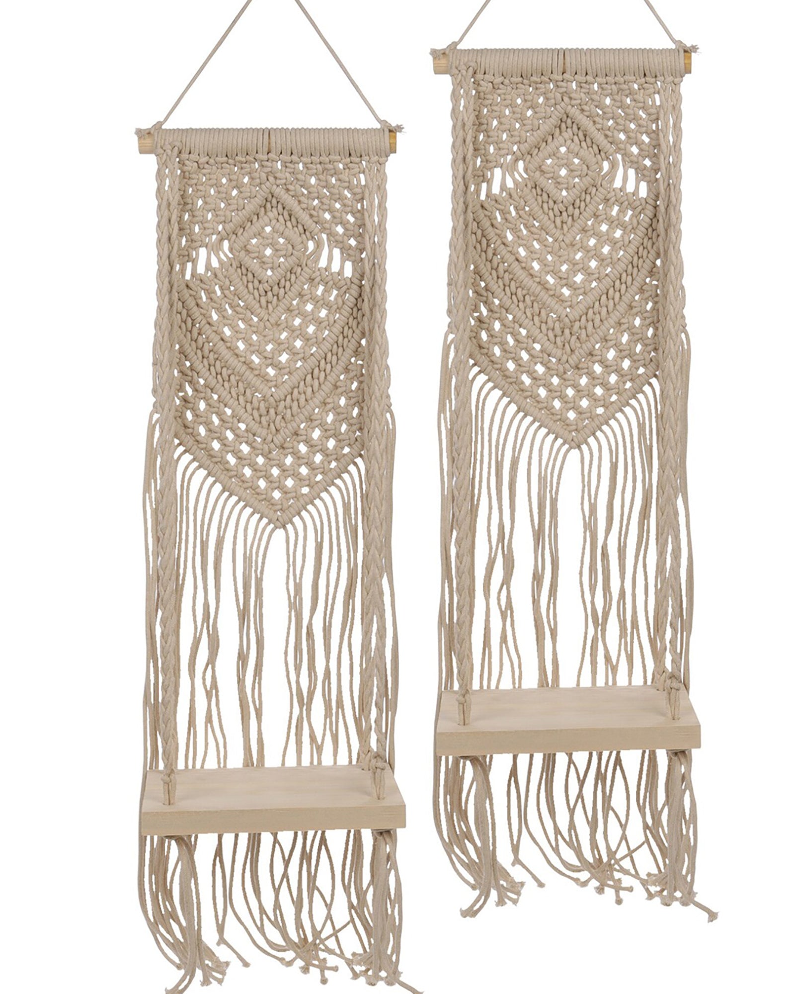 Macrame Wall Hanging Shelf Woven Home Decor Wood Floating Storage Shelf Bohemian Handmade Cotton Rope,Living Room, Balcony, Garden, Set of 2 (69 x 20 Natural)