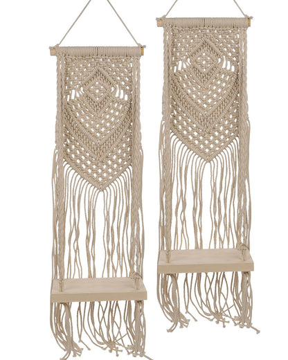 Macrame Wall Hanging Shelf Woven Home Decor Wood Floating Storage Shelf Bohemian Handmade Cotton Rope,Living Room, Balcony, Garden, Set of 2 (69 x 20 Natural)