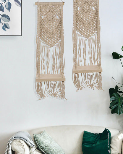 Macrame Wall Hanging Shelf Woven Home Decor Wood Floating Storage Shelf Bohemian Handmade Cotton Rope,Living Room, Balcony, Garden, Set of 2 (69 x 20 Natural)