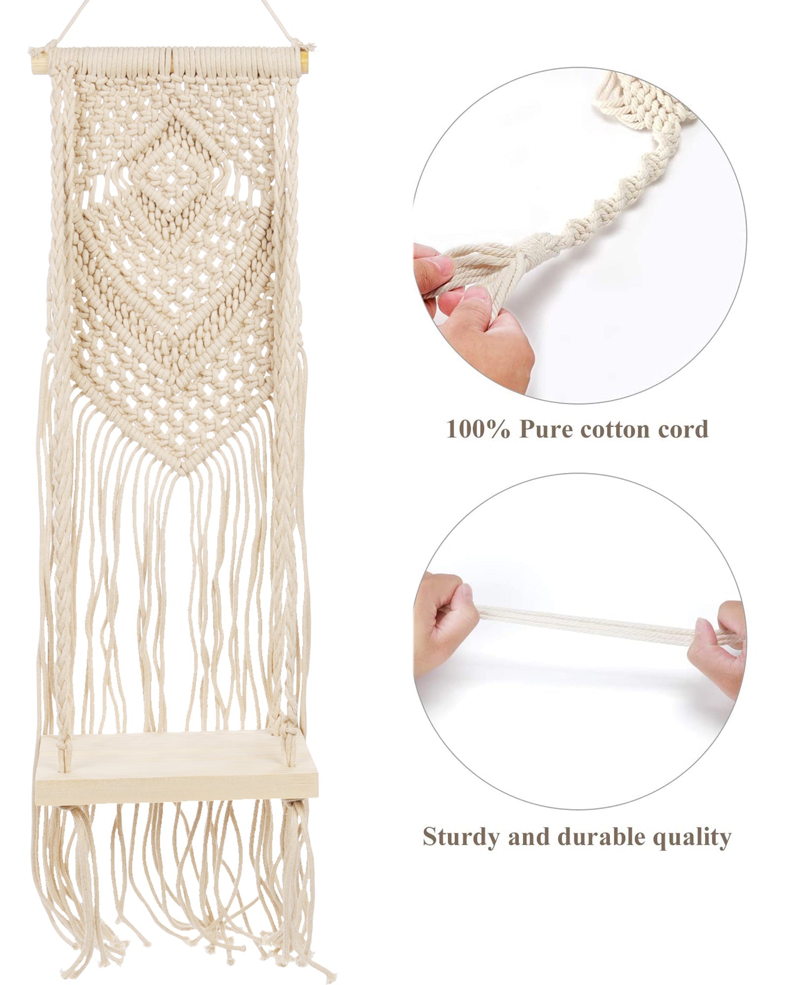 Macrame Wall Hanging Shelf Woven Home Decor Wood Floating Storage Shelf Bohemian Handmade Cotton Rope,Living Room, Balcony, Garden, Set of 2 (69 x 20 Natural)