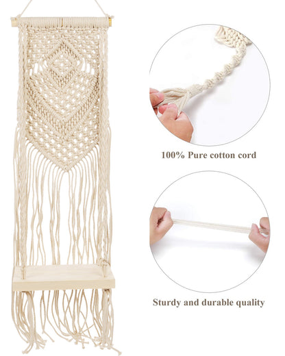 Macrame Wall Hanging Shelf Woven Home Decor Wood Floating Storage Shelf Bohemian Handmade Cotton Rope,Living Room, Balcony, Garden, Set of 2 (69 x 20 Natural)
