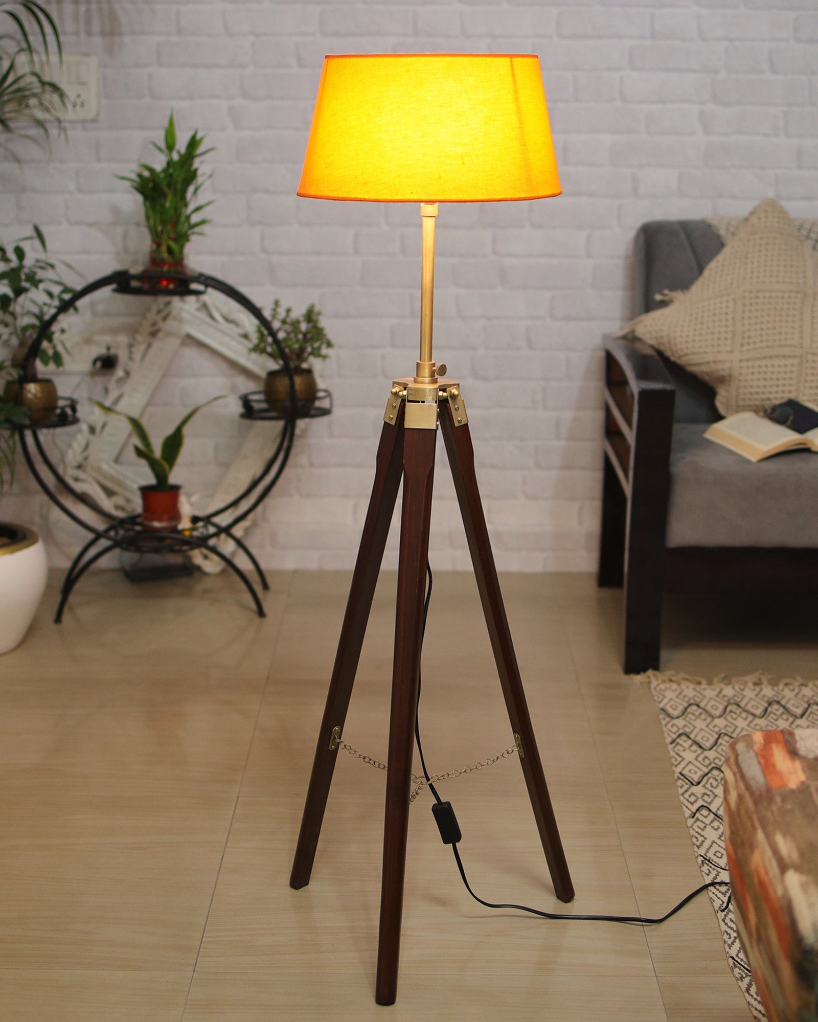 Tripod Floor Lamp with Shade Wooden, Brass Finish Industrial Nautical Marine Decorative Lamp