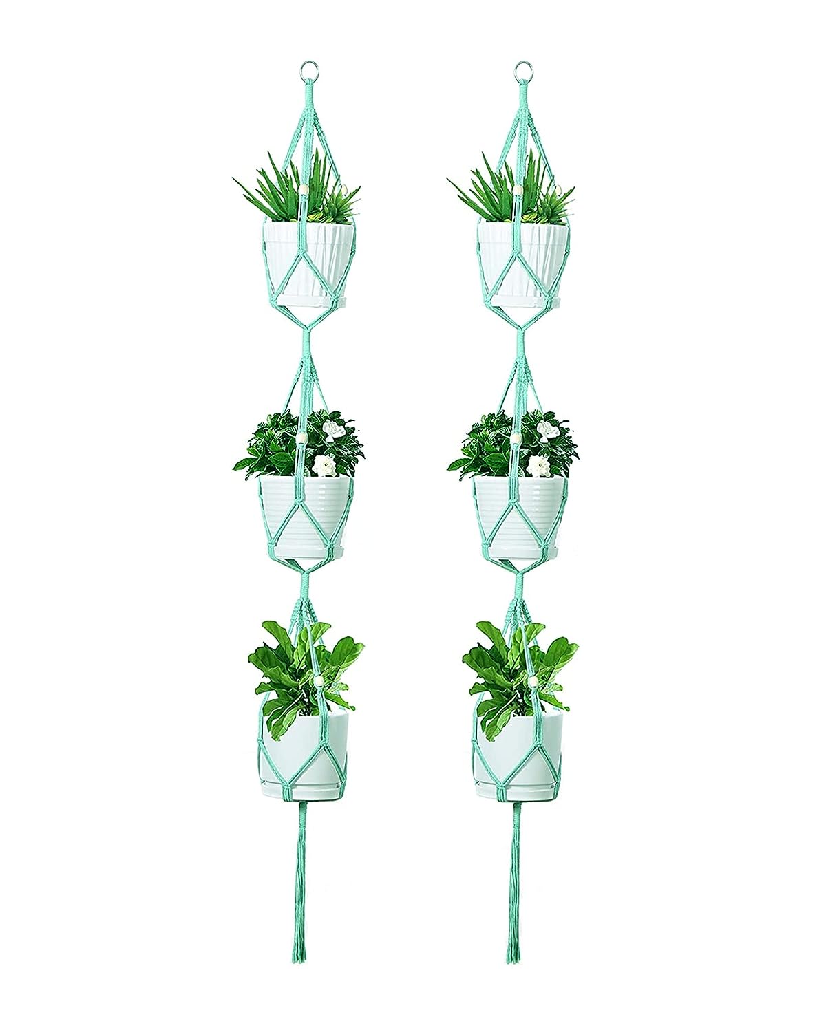 Macrame plant hanger, plant hangers indoor, hanging planters, Handmade weaving, hanging planters indoor, Natural organic cotton,hanging planters indoor, set of 2, Triple Turquoise