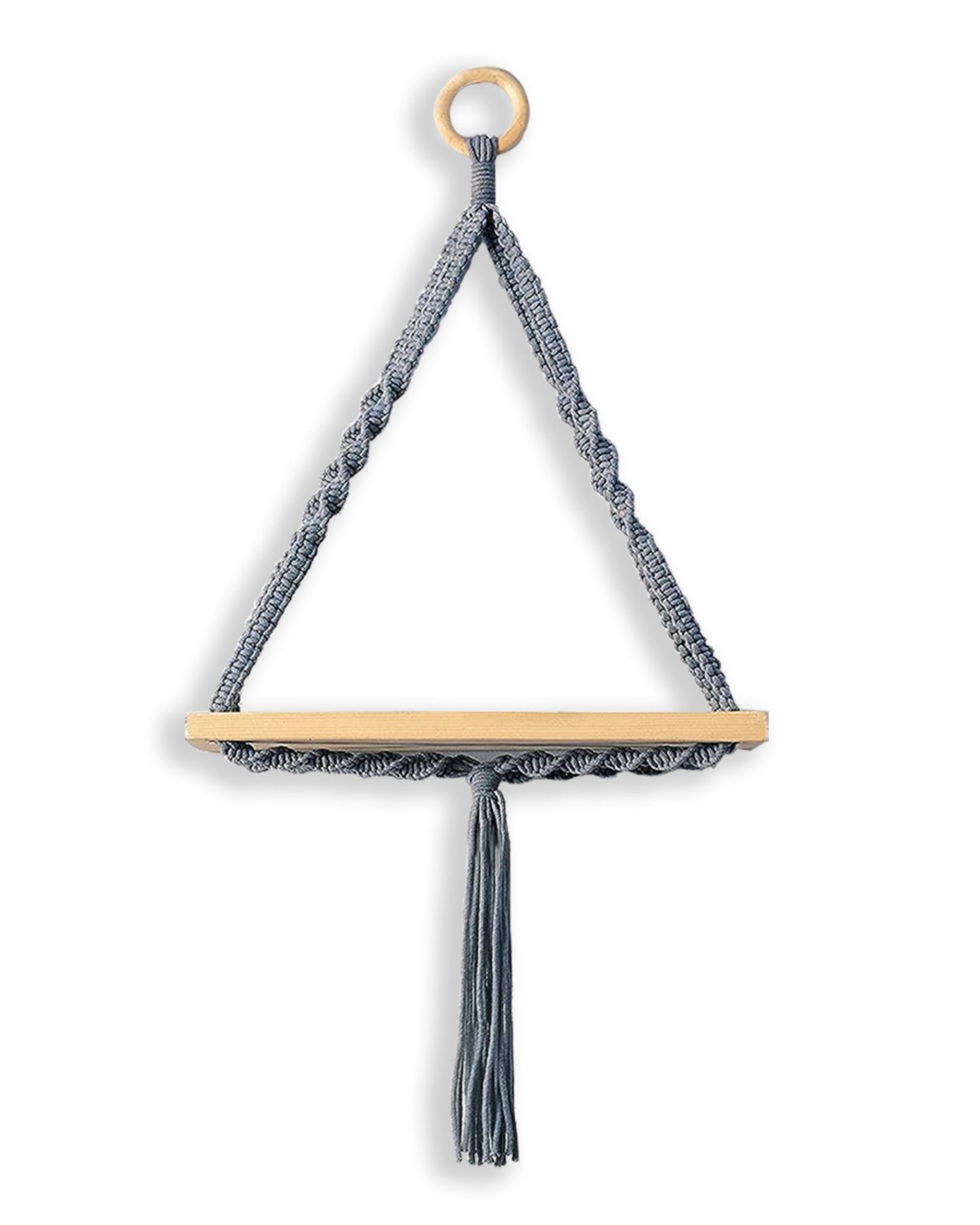 Triangle Rope Hanging Shelves Set of 2, Wood Floating Shelf for Wall Décor Bedroom Bathroom Living Room, Display Shelving for Hanging Plants Photos Grey