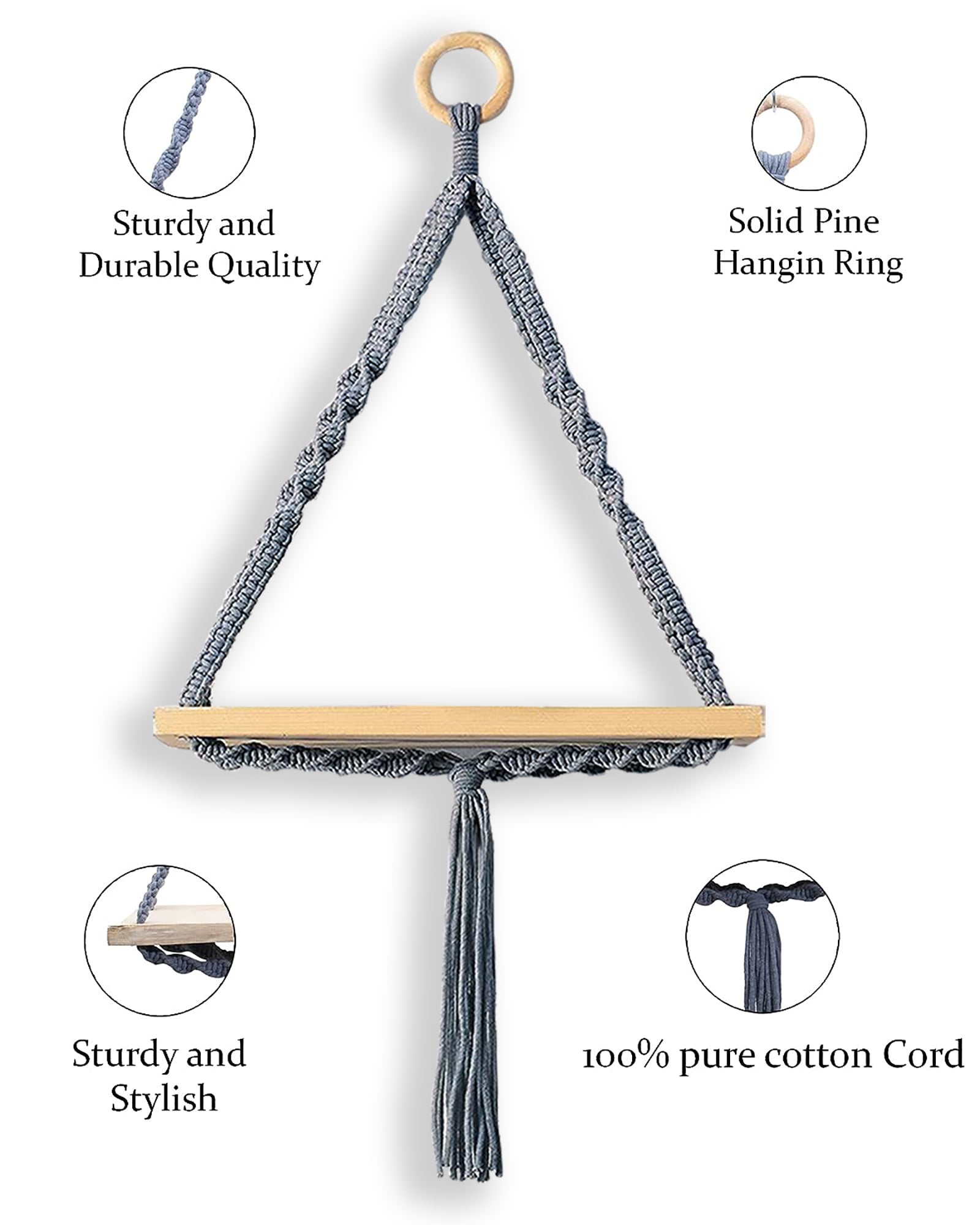 Triangle Rope Hanging Shelves Set of 2, Wood Floating Shelf for Wall Décor Bedroom Bathroom Living Room, Display Shelving for Hanging Plants Photos Grey