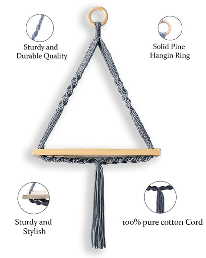 Triangle Rope Hanging Shelves Set of 2, Wood Floating Shelf for Wall Décor Bedroom Bathroom Living Room, Display Shelving for Hanging Plants Photos Grey