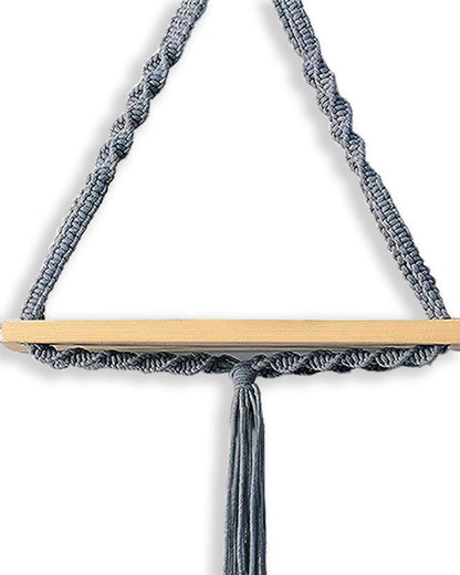 Triangle Rope Hanging Shelves Set of 2, Wood Floating Shelf for Wall Décor Bedroom Bathroom Living Room, Display Shelving for Hanging Plants Photos Grey