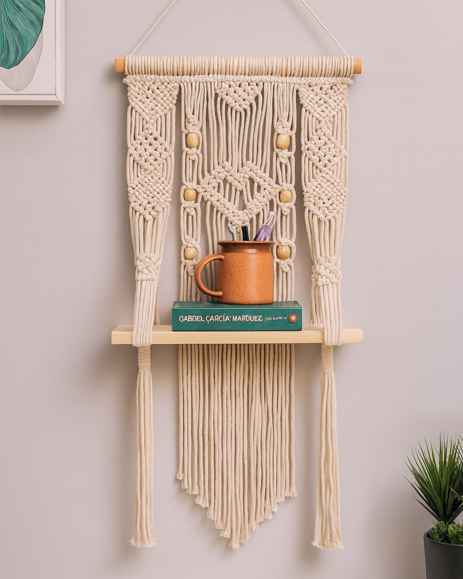Homesake® Beige Hand Woven Macrame Wall Hanging Shelf-Plank, Boho Cotton Wall Décor for Plants, Candles & Display, Ideal for Living Room, Bedroom, Balcony & Modern Home Styling